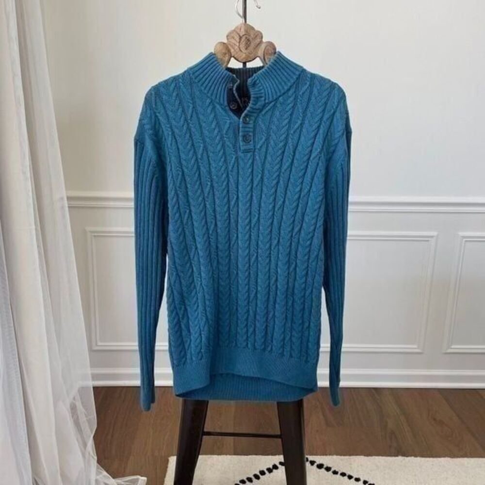 Jos A Bank Blue Cable Knit Cotton 1/4 Button Sweater L